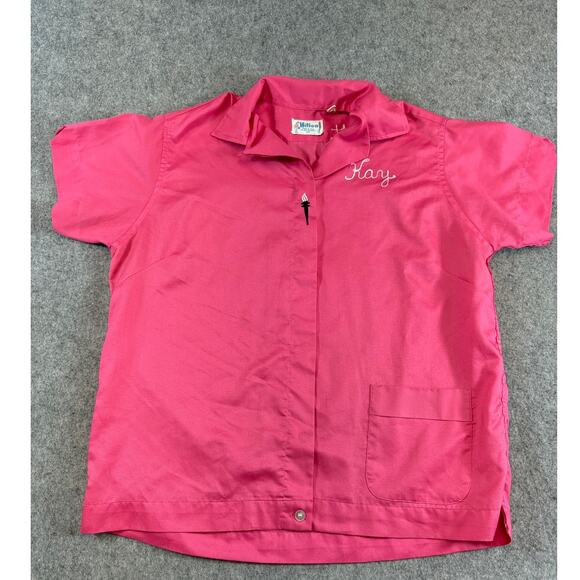 VTG 50s Hilton Elliott Bowling Shirt Womens Pink Hoyts Trailer Rentals Size 34 - Picture 2 of 8
